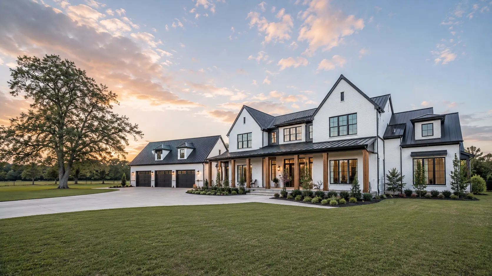 A white painted-brick modern farmhouse with a standing-seam metal roof, deep covered porch and detached garage on open acreage at sunset near Angleton, Texas
