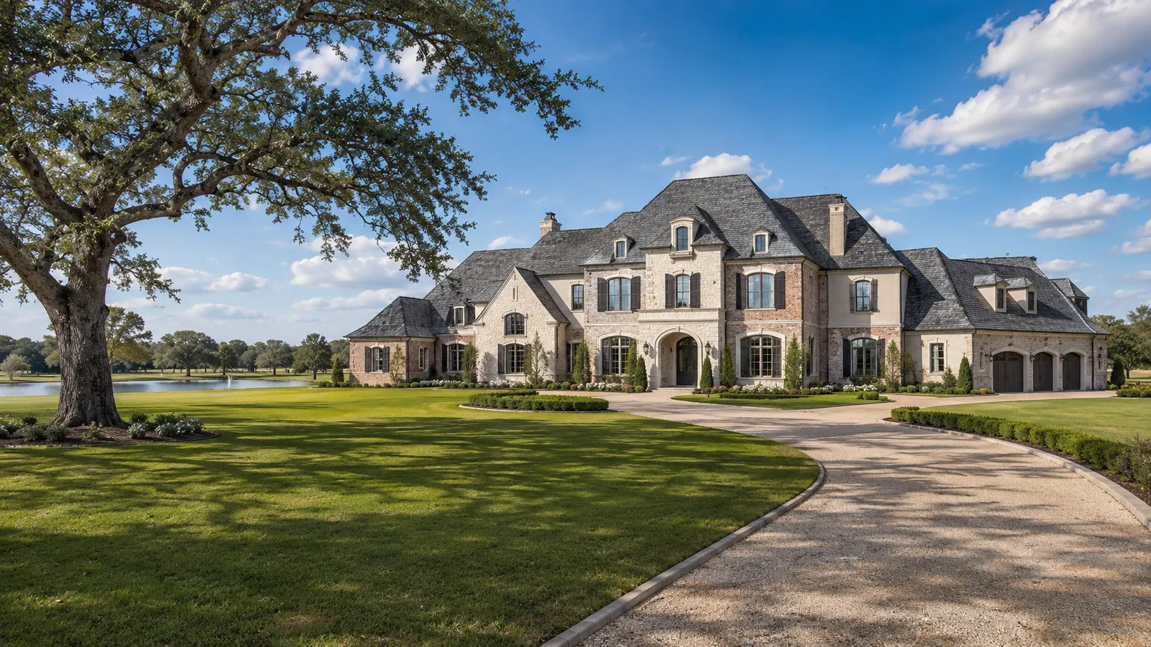 A large French-inspired brick and stone custom home with steep slate-gray roofs, dormers and shuttered windows, seen across a mown lawn and gravel drive with a pond and mature live oak to one side in Brazoria County, Texas