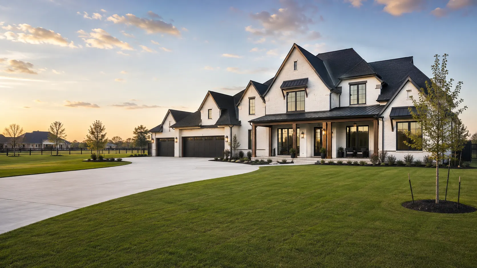 A white painted-brick modern farmhouse with steep gables, a timber porch and three-car garage on open acreage at sunset near Cypress, Texas