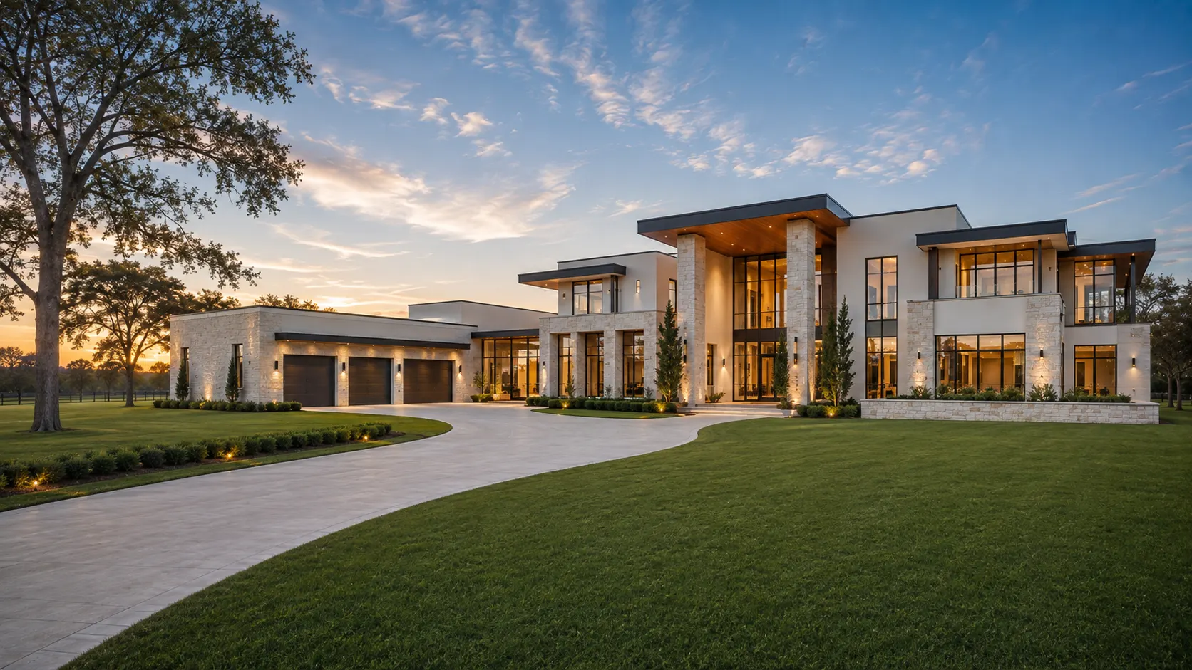 A two-story contemporary custom home in limestone and stucco at sunset, with flat overhanging roofs, floor-to-ceiling glass lit from within and a three-car garage on a sweeping concrete drive in Fort Bend County, Texas