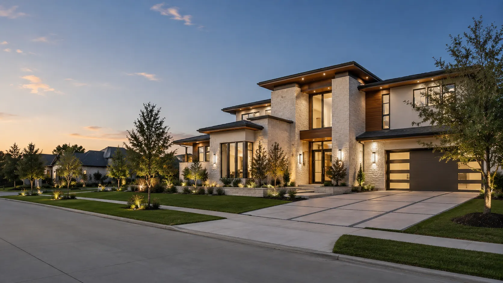 A modern stone and stucco custom home at dusk with warm interior lighting and deep overhangs, on a landscaped Missouri City street