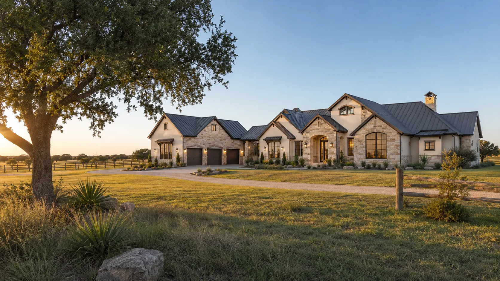 A long single-story stone and stucco ranch house with steep dark metal roofs, arched entry and three-car garage at sunset, set behind a split-rail fence and gravel drive on open pasture in Waller County, Texas